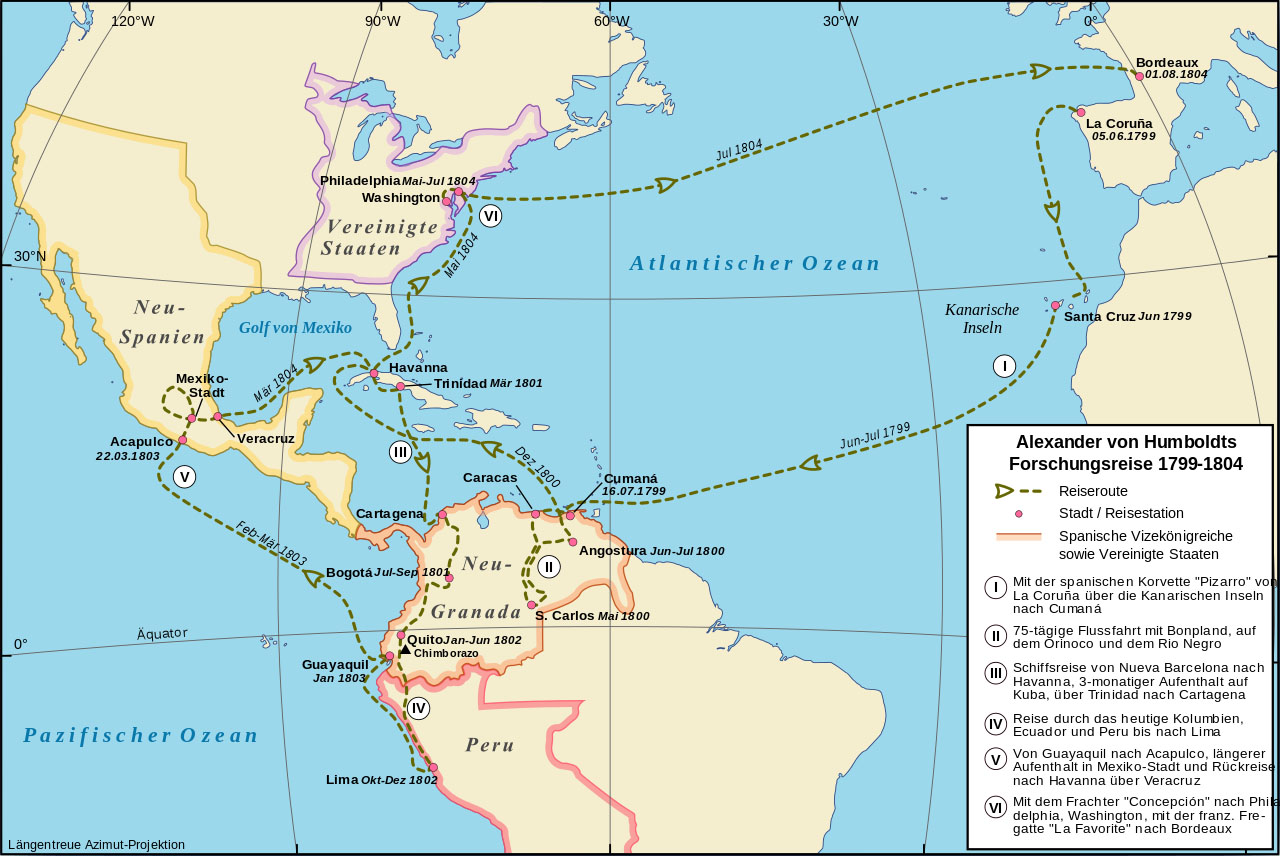 Verlauf der Amerikareise von Alexander von Humboldt in der Zeit von 1799-1804.