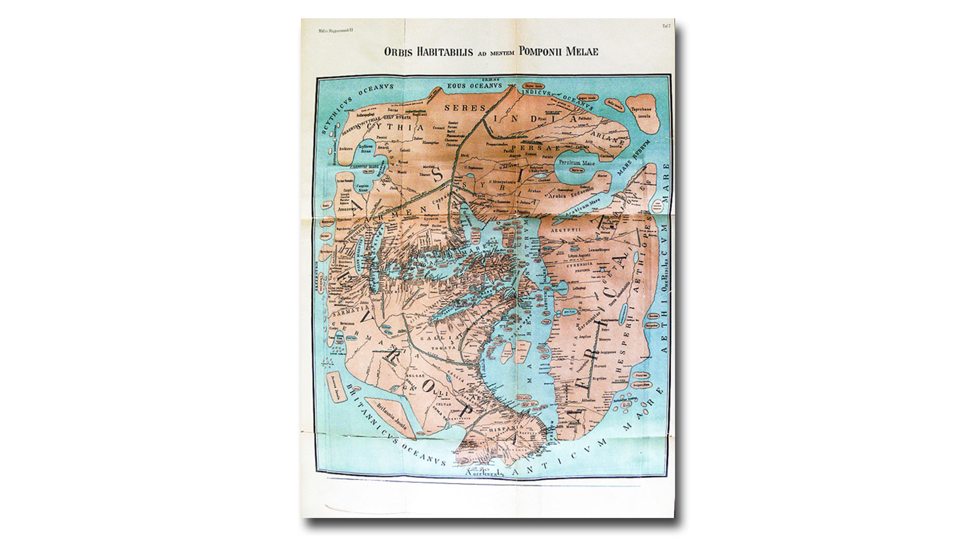 Von K. Miller 1898 rekonstruierte Weltkarte des Pompunius Mela, die der Geograph und Kosmograph Mela 43-44 n. Chr. anfertigte. Eine Inselgruppe kann als die Kanaren gedeutet werden.