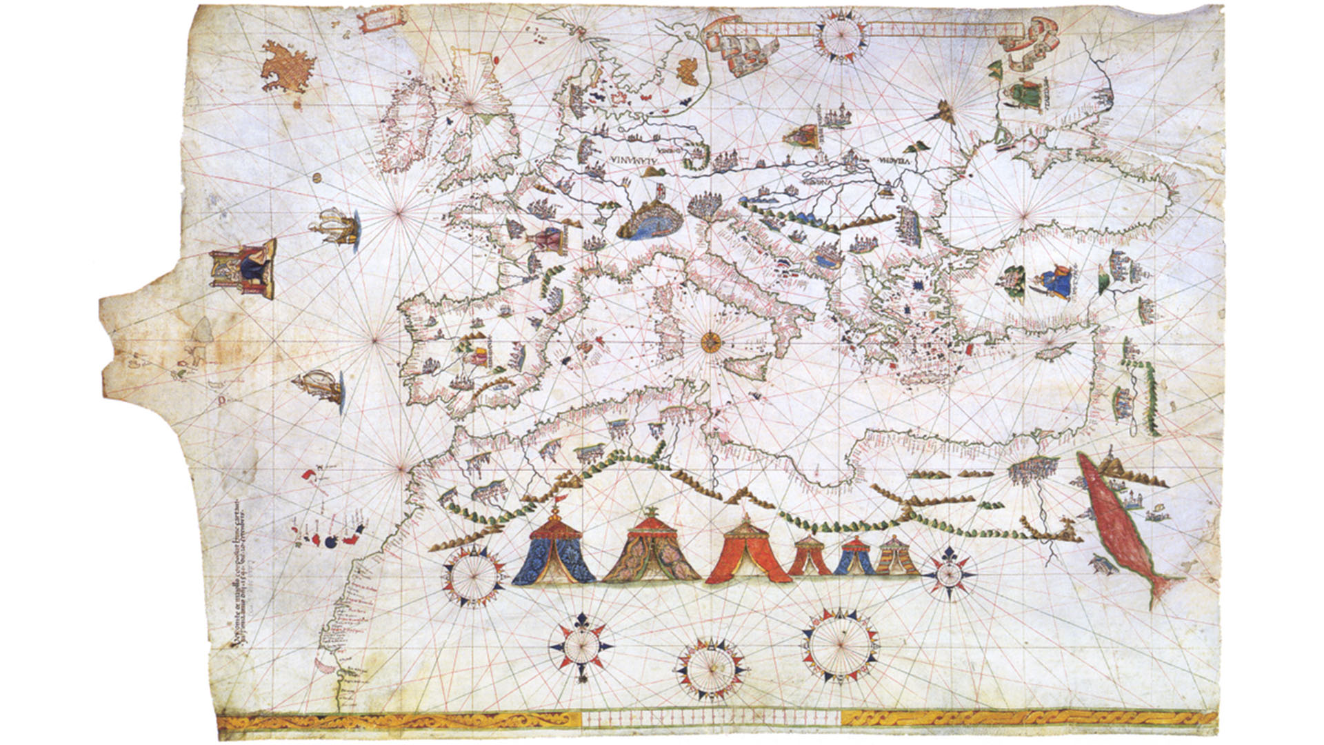Portolankarte des Vesconte Maggiolo aus dem Jahre 1541. Die 7 kanarischen Hauptinseln exakt eingezeichnet.