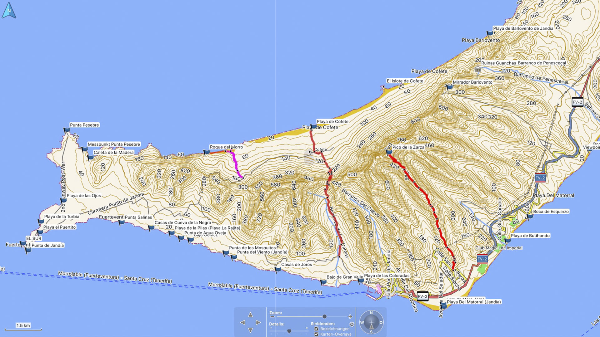 Fuerteventura Karte der Straende: Halbinsel Jandia und der Parque Natural Jandia.