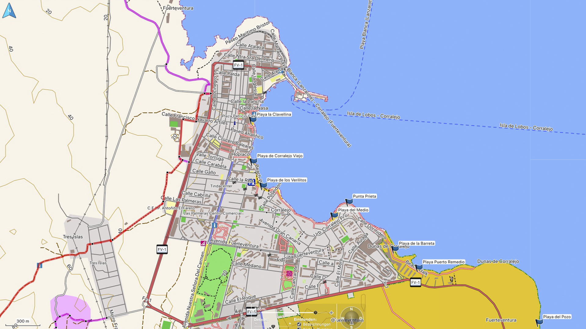 Fuerteventura Karte der Straende: Los Lobos - Corralejo