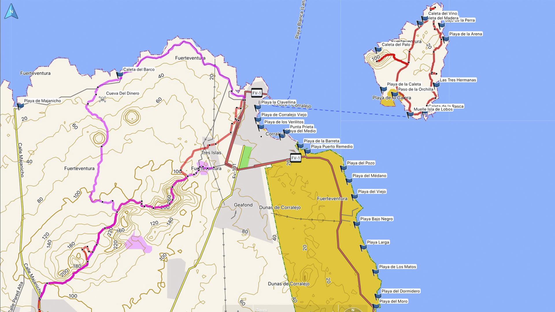 Fuerteventura Karte der Straende: Los Lobos - Corralejo - El Jable