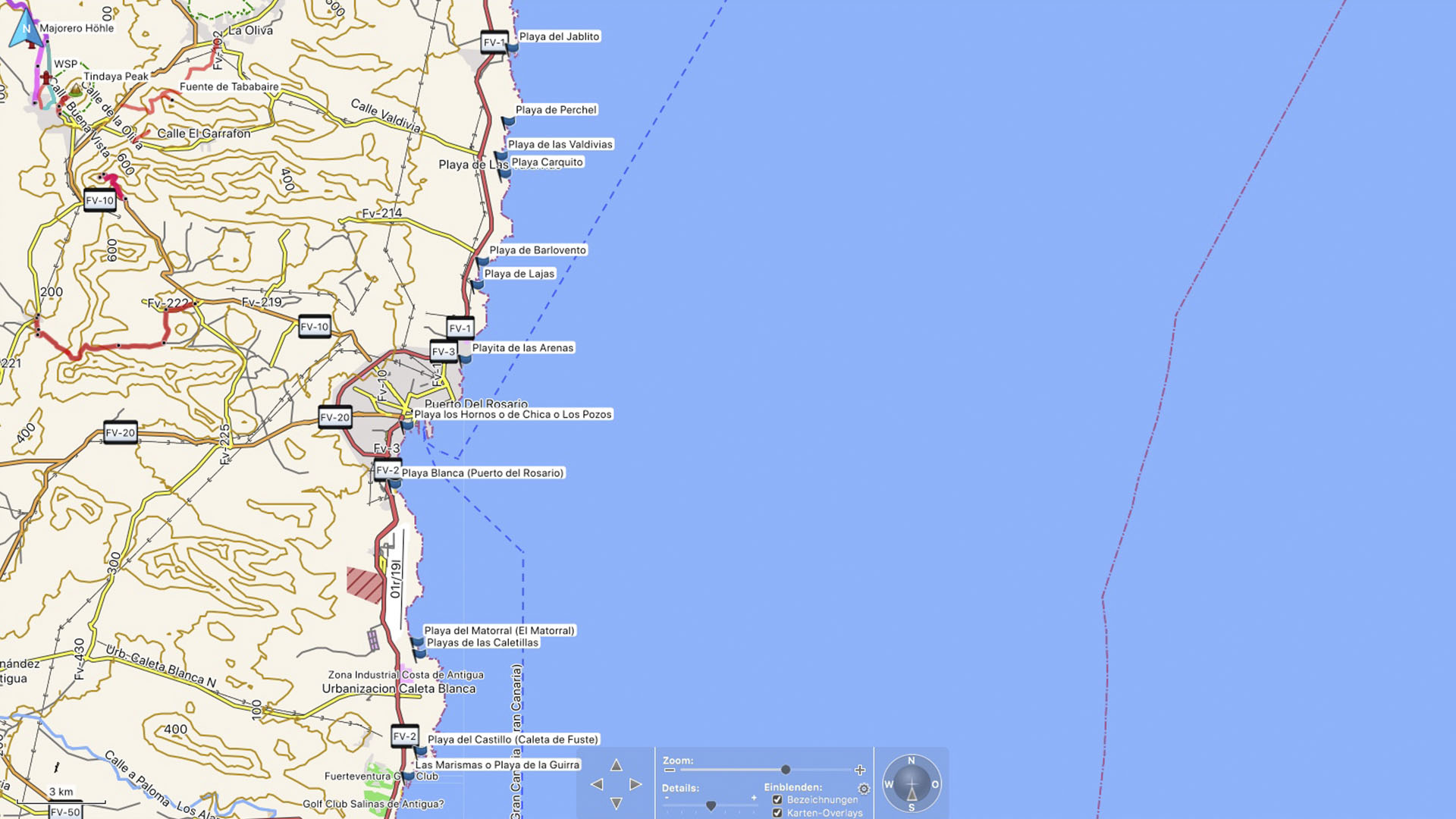 Fuerteventura Karte der Straende: Die Strände in der Gemeinde Puerto del Rosario Ost-Küste.