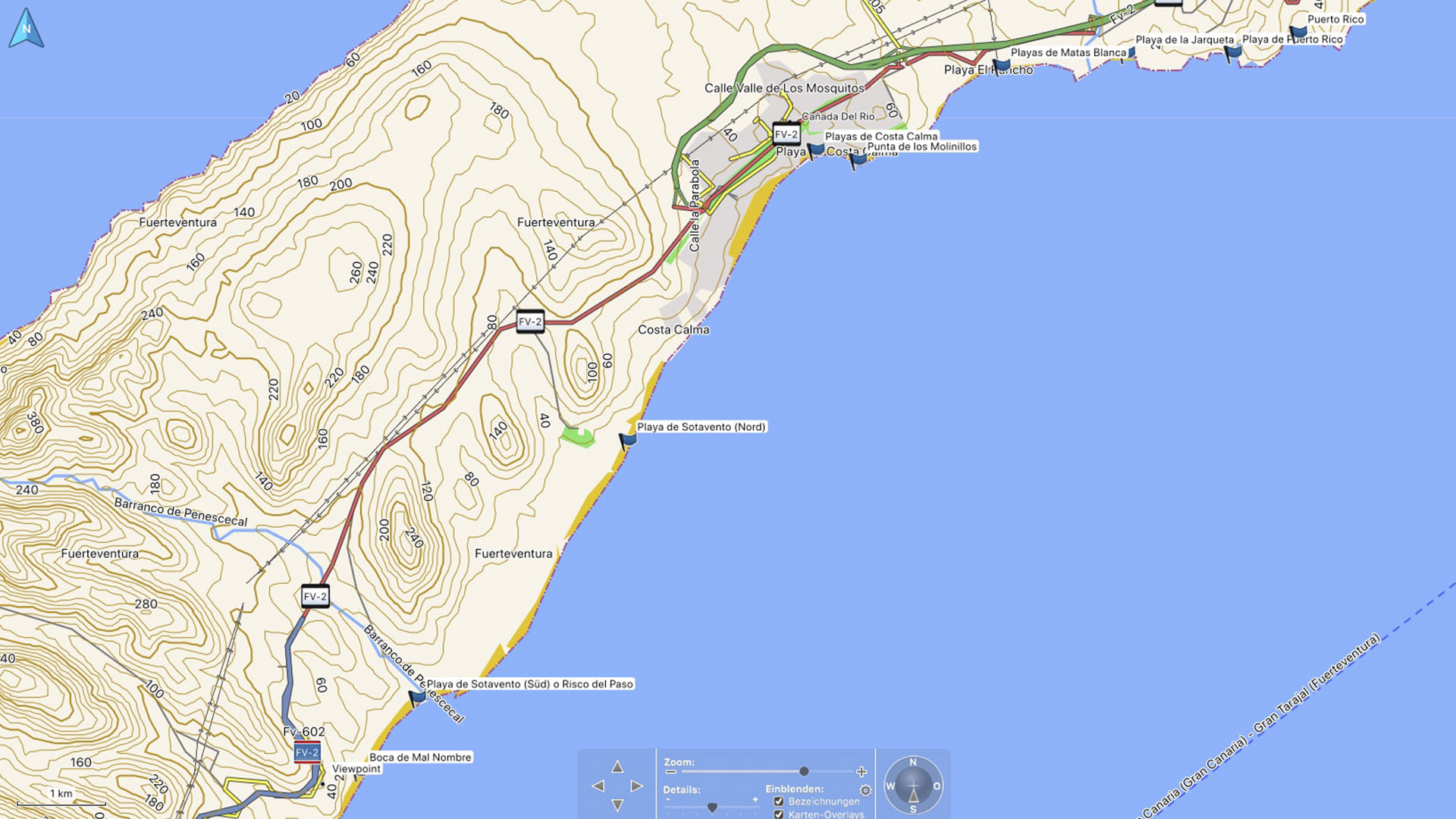 Fuerteventura Karte der Straende: Die Strände der Costa Calma.