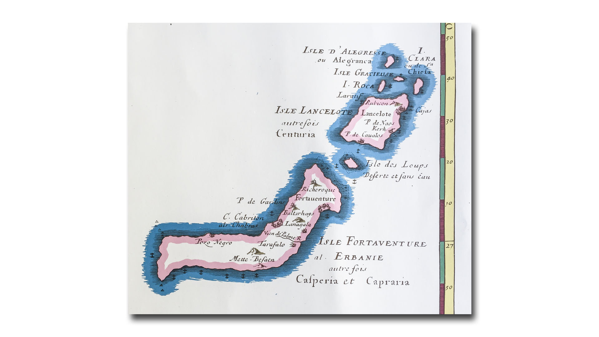 Französische Karte der Kanarischen Inseln aus dem Jahr 1653. Die Küstenlinie noch recht grob. Die portugiesischen "Ilhas Selvagens" deutlich zu gross und unpräzise in der Lage. (Lithographie – Instituto Geográfico Nacional de España)