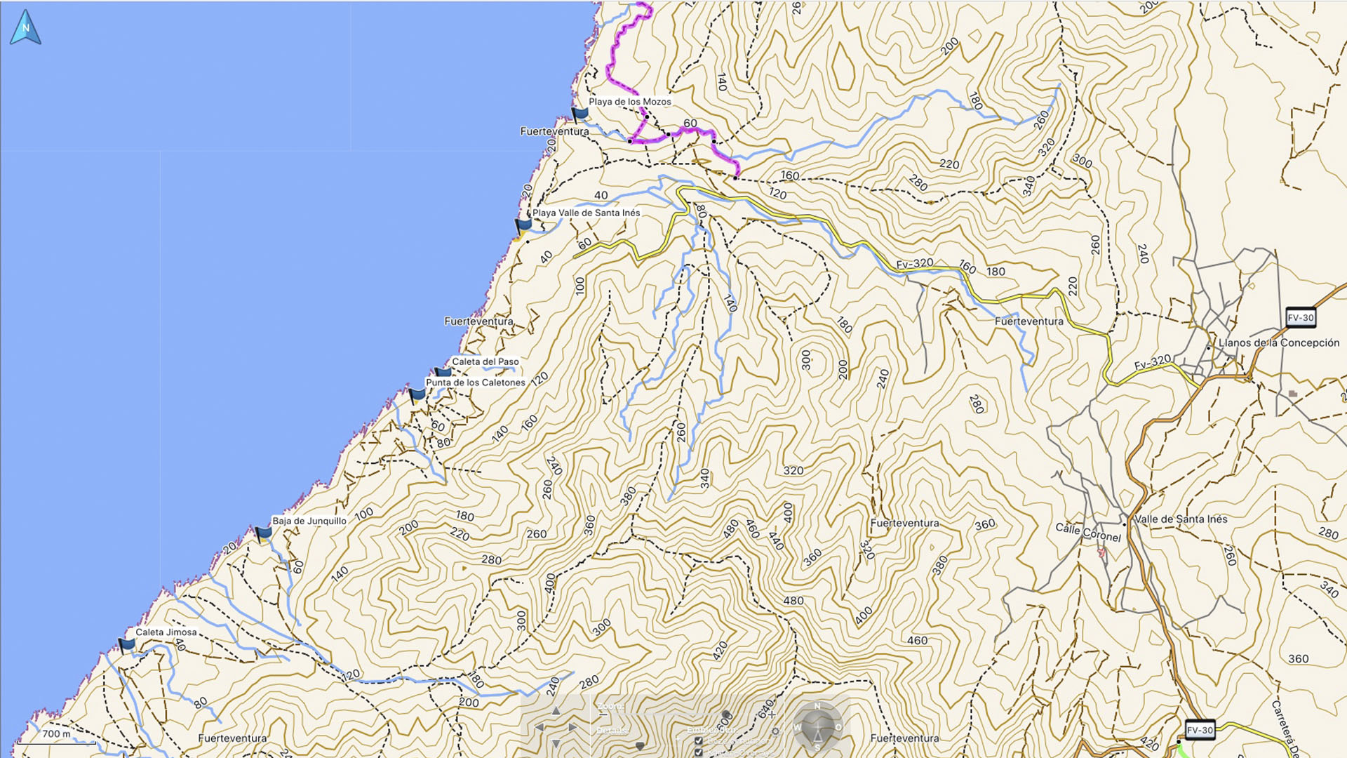 Fuerteventura Karte der Straende: Die Strände des Valle de Santa Ines.