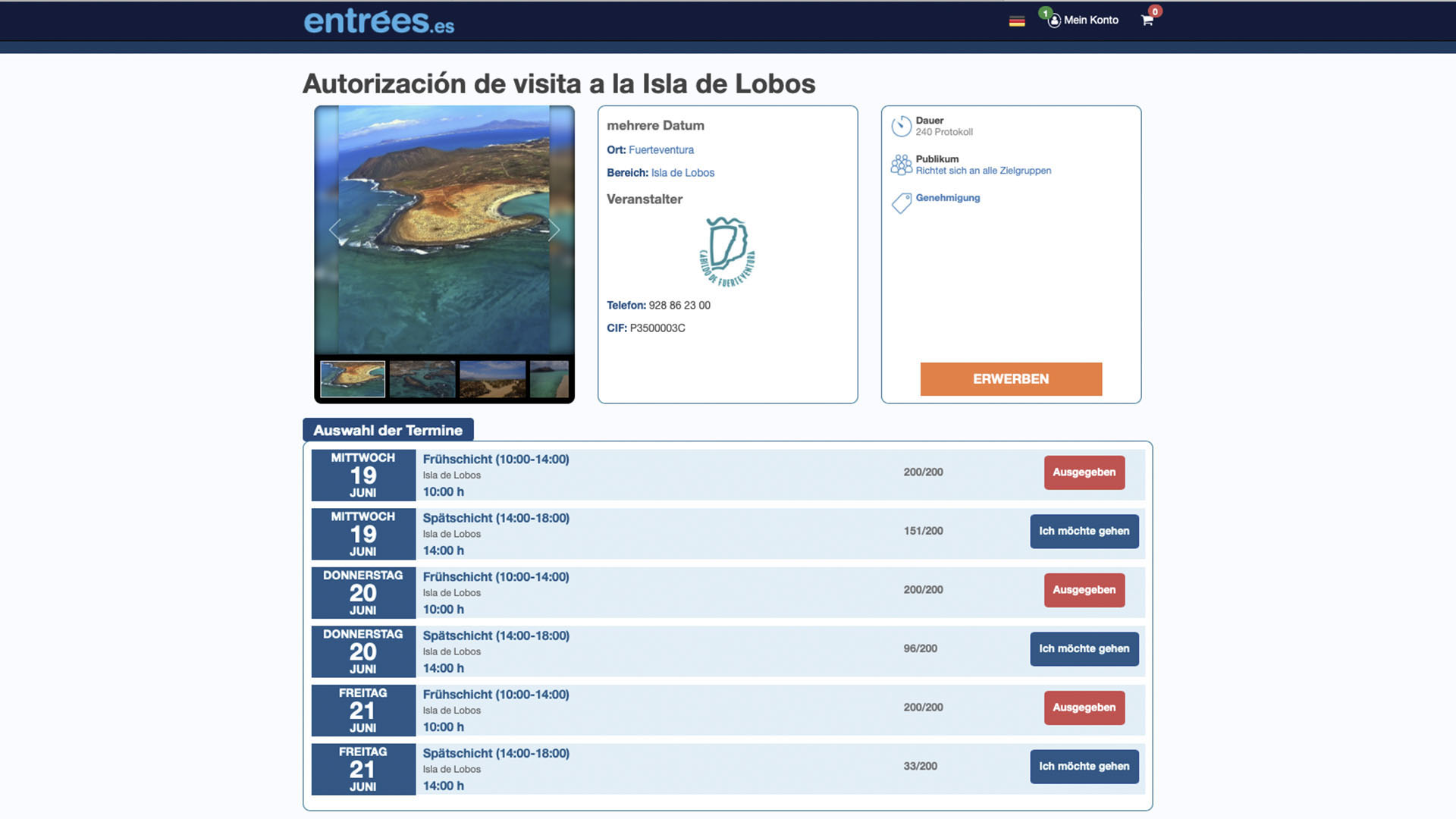 Lösen eines Carnets auf der Website entrées.es für die Isla de Lobos Fuerteventura.
