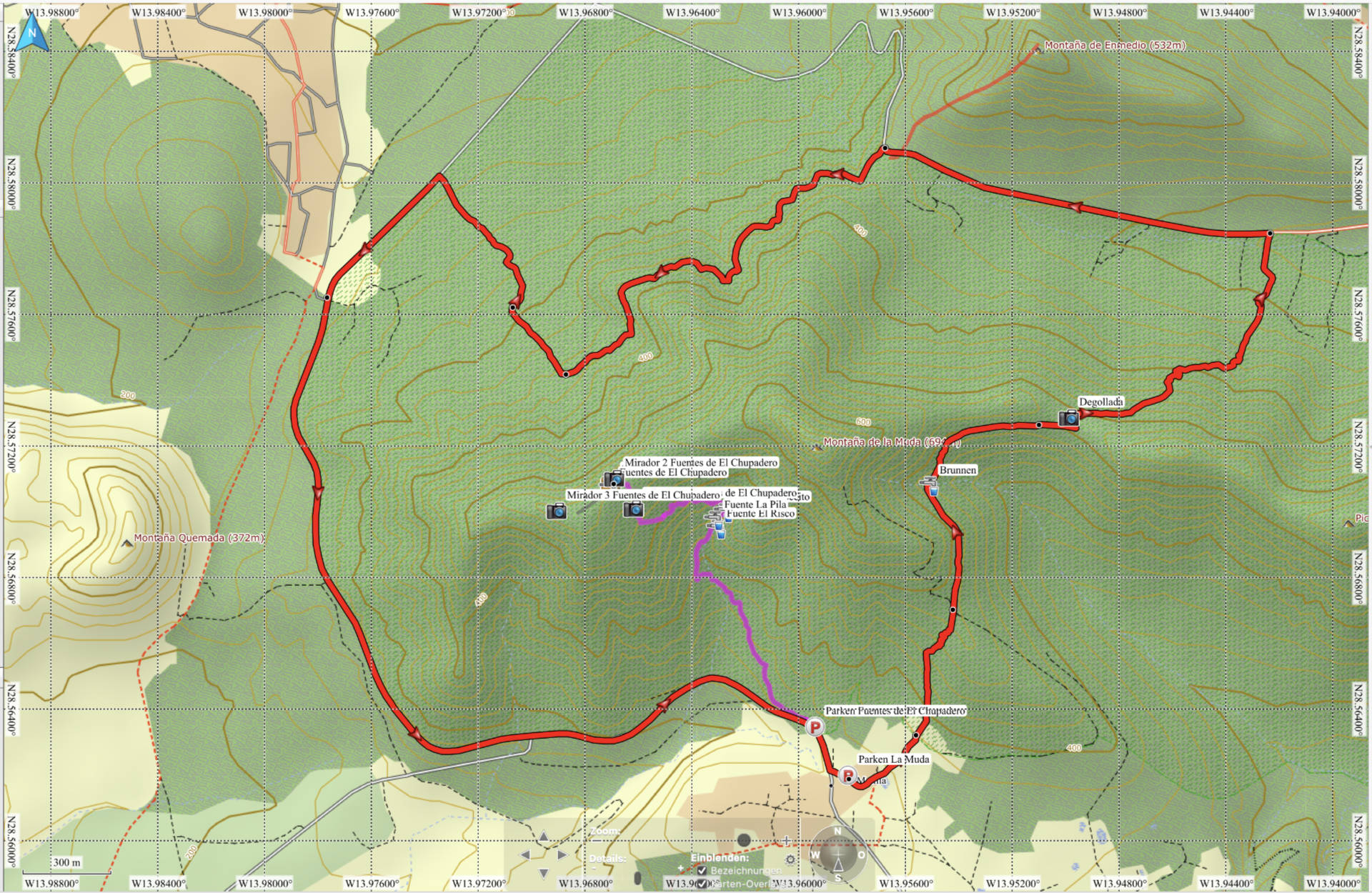 Routenverlauf rund um den Montaña de la Muda – Zitat aus TOPO España v7 PRO © Garmin Ltd.; Route © Dr. Ingmar Köhler.