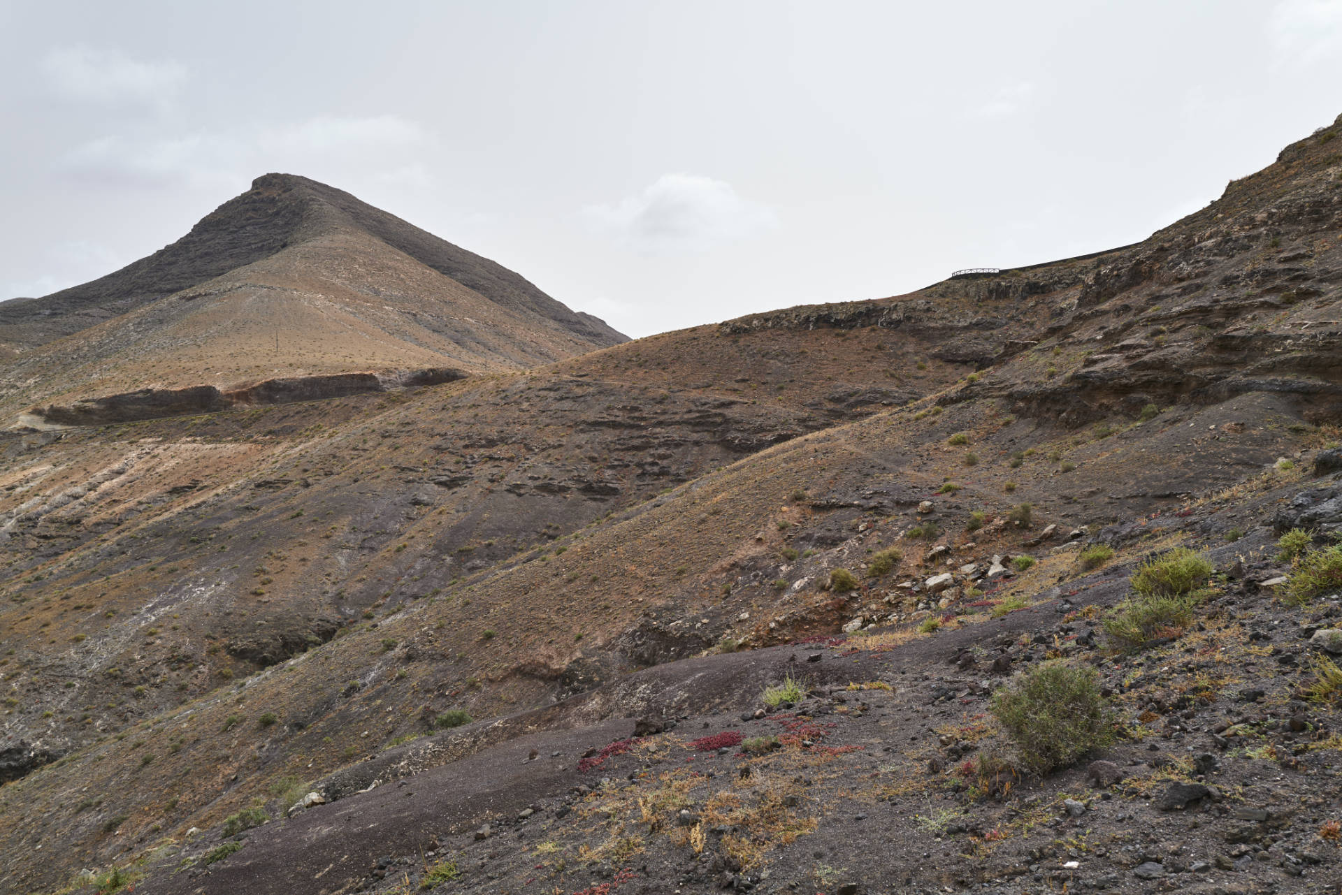 Der alte Steig Richtung Casa Alta Tindaya – Blick Richtung Mirador de Vallebrón y Fuente la Palma (306m) im Hintergrund der Montaña de Enmedio (523m).