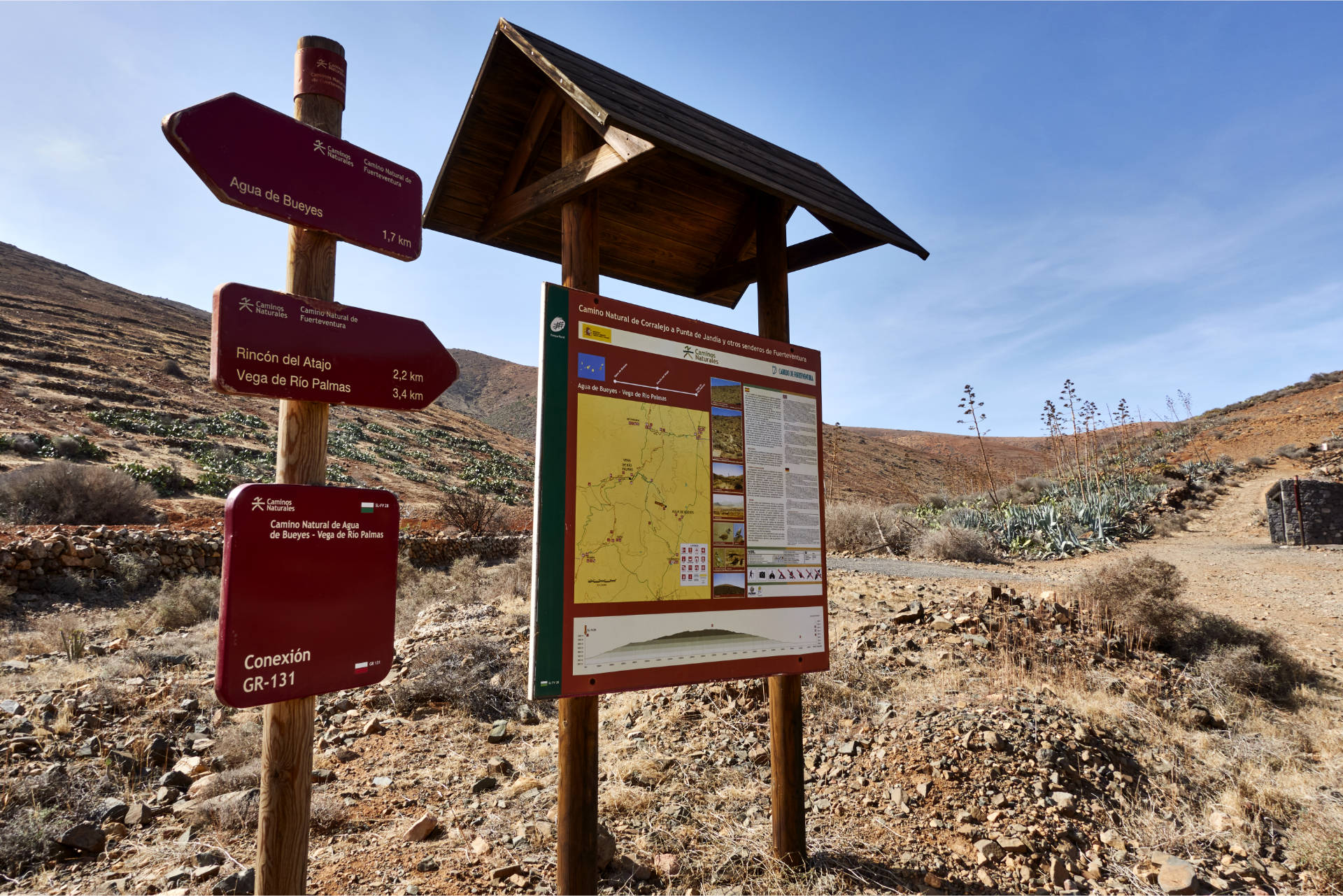 Beginn des Camino Natural de Fuerteventura im Barranco de los Almácigos mit Área de descanso.