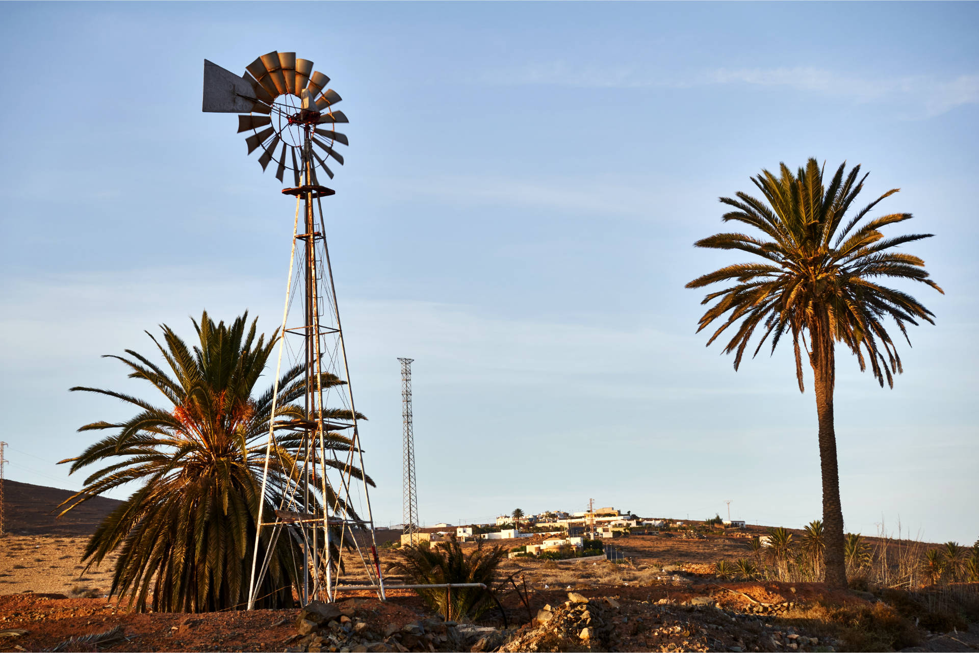 Durch den Mündungslauf des Barranco de los Almácigos, vorbei an Palmen, Wasserpumpen der Aermotor Windmill Company und ertragreichen Feldern im letzten Abendlicht.